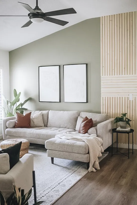 Sage Green And Wood Paneling Living Room Accent Wall