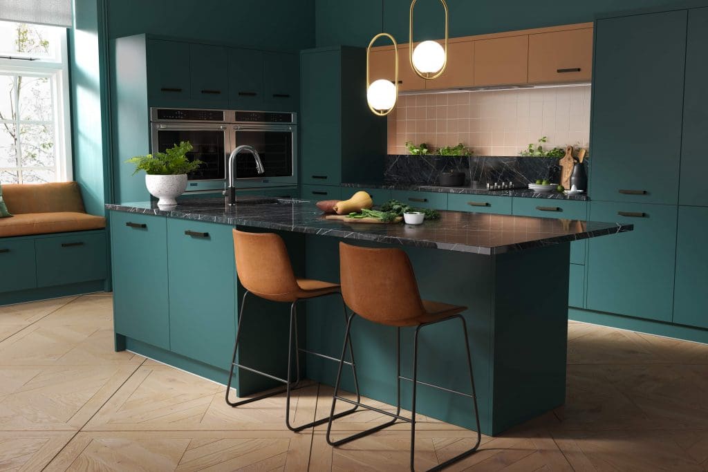 Emerald Green and Brown Laminate Kitchen Cabinets