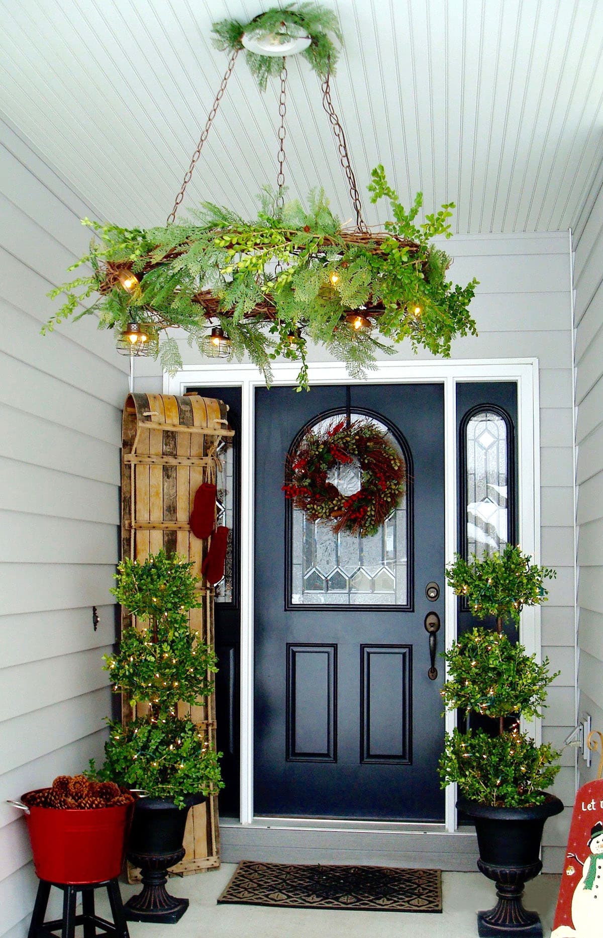DIY Christmas outdoor decorations yard lawn decor porch door decorating oversized ornaments wood signs light balls presents Xmas trees 4 Christmas Front Door Decor