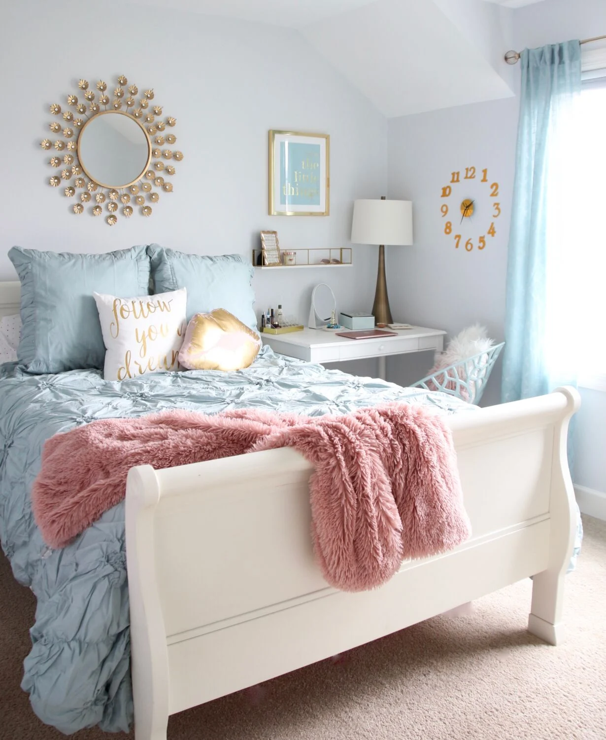 Designing Teen room to Last white furniture makeover bedroom MemeHIll studio amie freling decorating ideas lighting turquoise pink gold gray chic homegoods Teen Girl Bedroom Ideas
