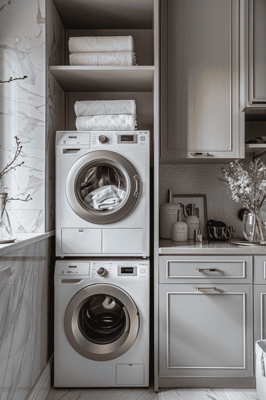 chiquehome 12191 interior design beautiful narrow laundry room dd0b752f 1ce6 44ee ad12 e713093de035 Stacked Laundry Room Ideas