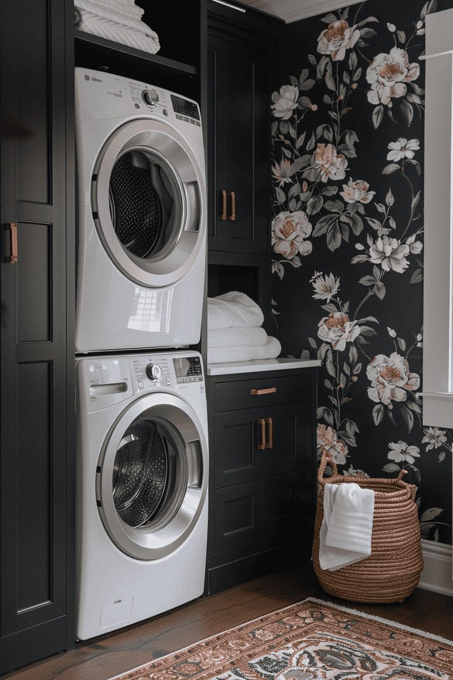 chiquehome 12191 interior design modern beautiful narrow laundr bb32980f 728b 4cab b7e5 6cac549849b8 Stacked Laundry Room Ideas