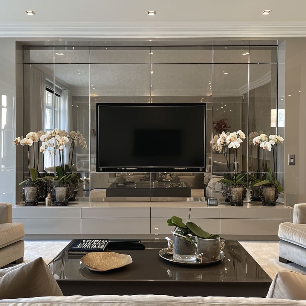 Mirror elements add a modern touch to the natural beauty of the design TV Wall Decor Ideas