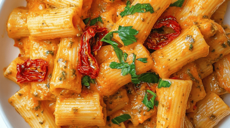 Creamy Red Pesto and Sun-Dried Tomatoes Rigatoni