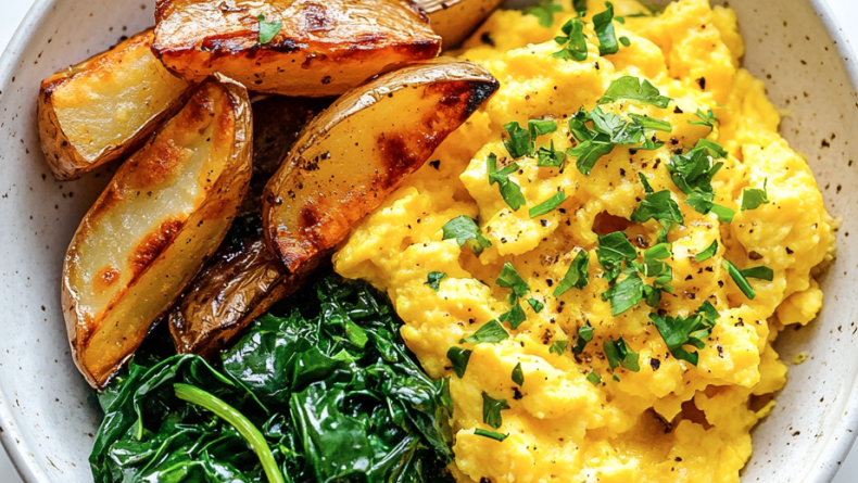 Crispy Potatoes, Sautéed Greens & Fluffy Eggs Breakfast Bowl