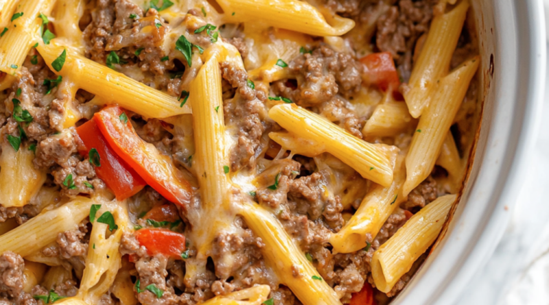 Crockpot Philly Cheesesteak Pasta Casserole