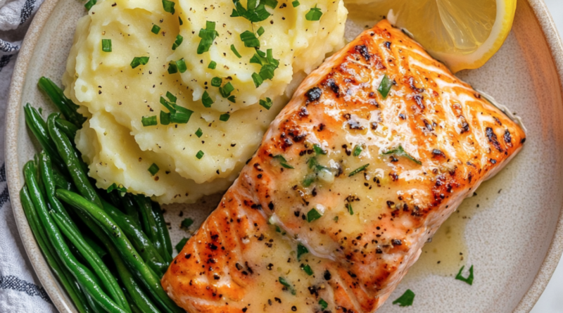 Lemon Garlic Butter Salmon with Mashed Potatoes and Green Beans