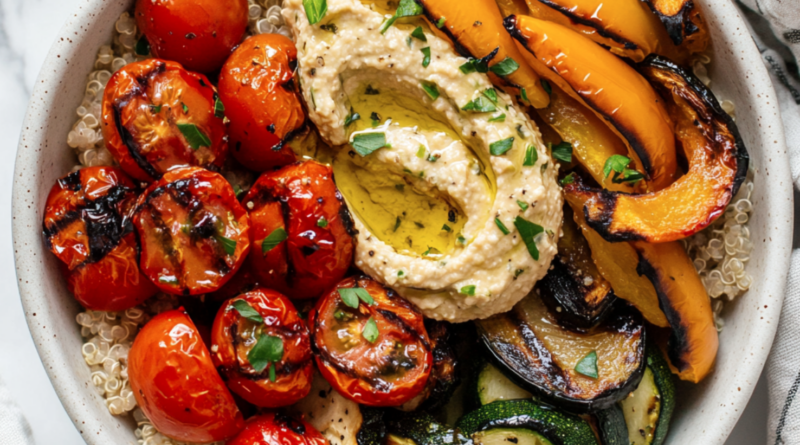 Roasted Vegetable and Hummus Burrito Bowl