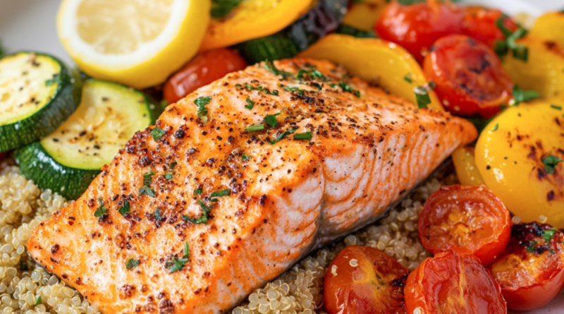 Lemon Herb Baked Salmon with Quinoa and Roasted Vegetables