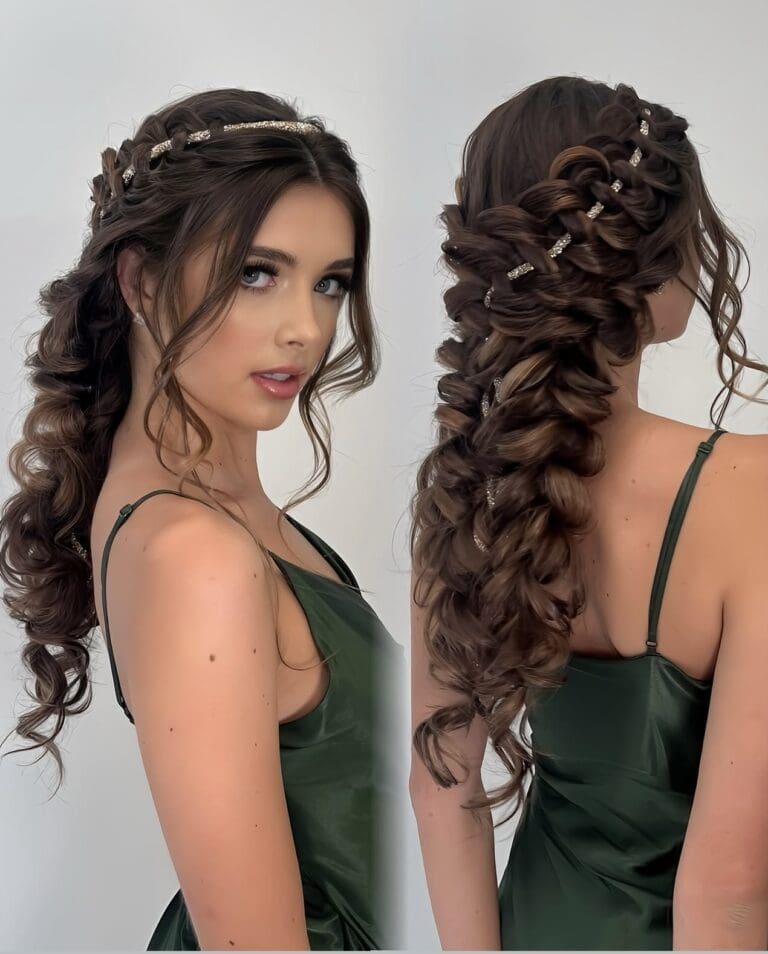 Teen girl with a curly updo prom hairstyle showcasing natural hair volume