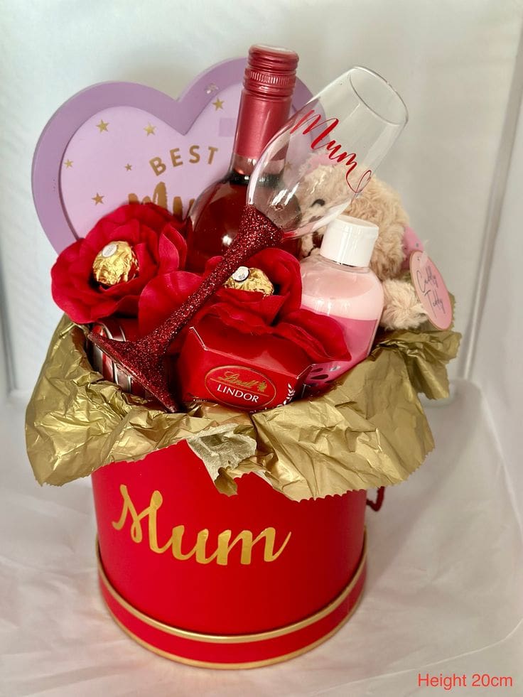 Personalised Gifts Thank you Gifts Happy Birthday Mothers Day Mum Gifts Flowers Wine Teddy Bear Chocolates Candles Red Mother's Day Gift Basket Ideas