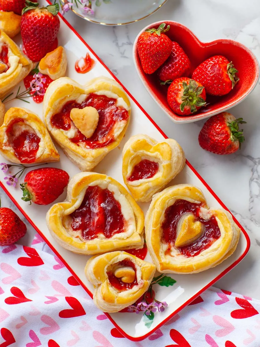 Strawberries Cream Heart Shaped Puff Pastries 2 Galentine's Party Food Ideas