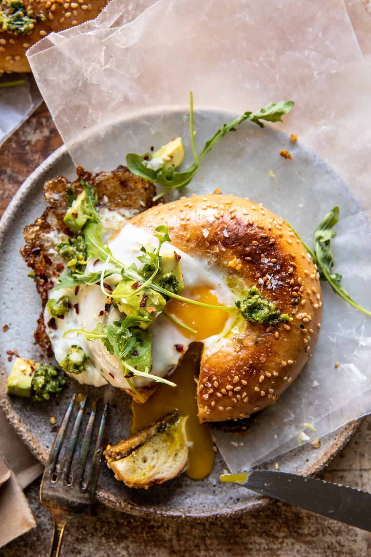 Crispy Parmesan and Pesto Egg in a Bagel 1 1 Healthy Breakfast Sandwiches