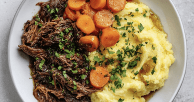 Balsamic Lemon Shredded Beef with Mashed Potatoes