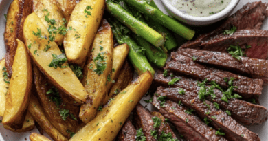 Steak Frites with Potato Wedges & Roasted Asparagus