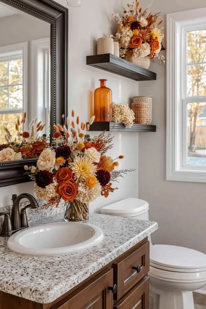 25 Cozy Fall Bathroom Decor Ideas to Refresh Your Space 84 25 Cozy Fall Bathroom Decor Ideas to Refresh Your Space fall floral bathroom vanity shelves 683x1024 1 Fall Bathroom Decor Ideas