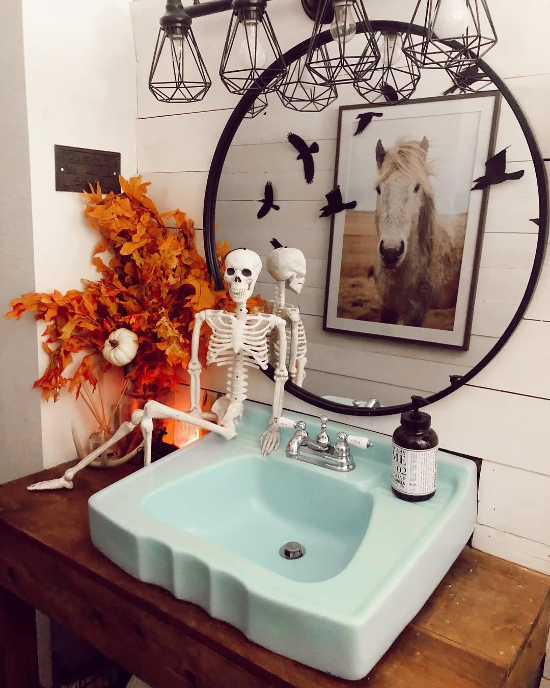27 Fun and Spooky Bathroom Ideas to Try 84 27 Fun and Spooky Bathroom Ideas to Try Skeleton by the Sink Spooky Bathroom Ideas