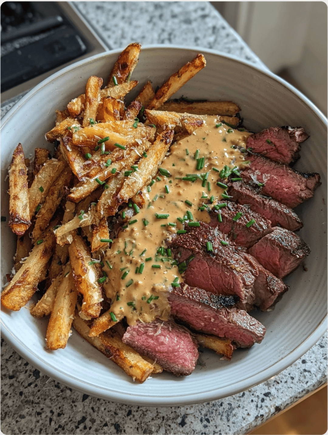 Steak Frites with Creamy Peppercorn Sauce3 Steak Frites with Creamy Peppercorn Sauce