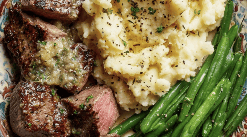 Garlic Butter Steak Bites with Mash