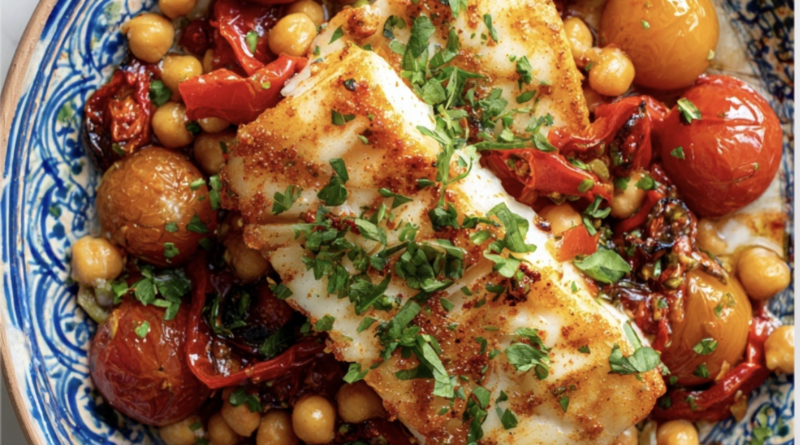 Harissa Cod with Chickpeas and Roasted Tomatoes1