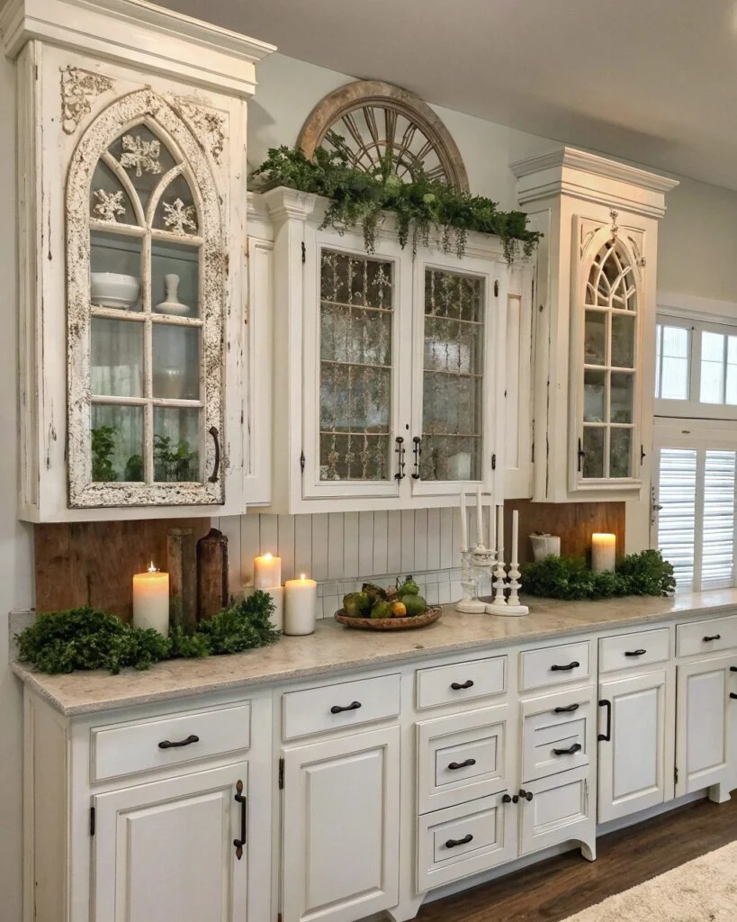 a farmhouse kitchen with white cabinets above cab 1 1 819x1024 1 Kitchen Cabinet Decor Ideas