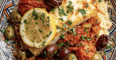Garlic Butter Cod with Tomato Olive Rice