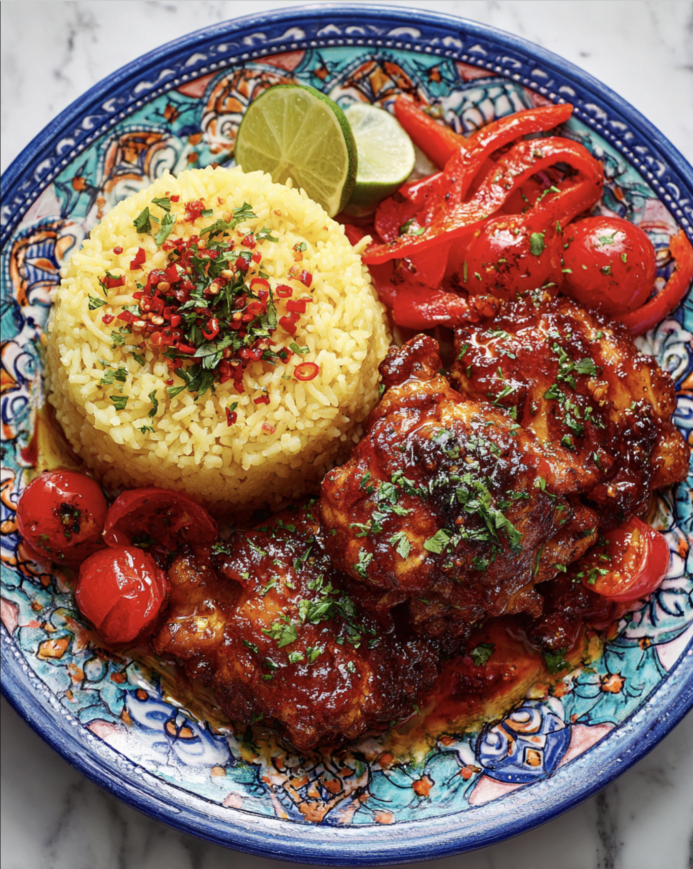 Honey Harissa Chicken Thighs with TurmerHoney Harissa Chicken Thighs with Turmeric Riceic Rice2 Honey Harissa Chicken Thighs