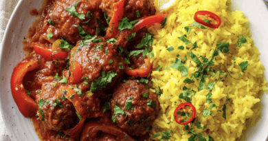Spicy Moroccan Beef Meatballs with Yellow Rice
