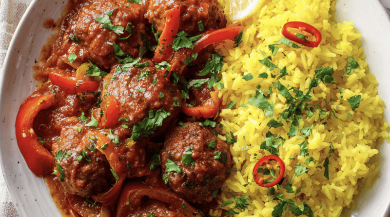 Spicy Moroccan Beef Meatballs with Yellow Rice