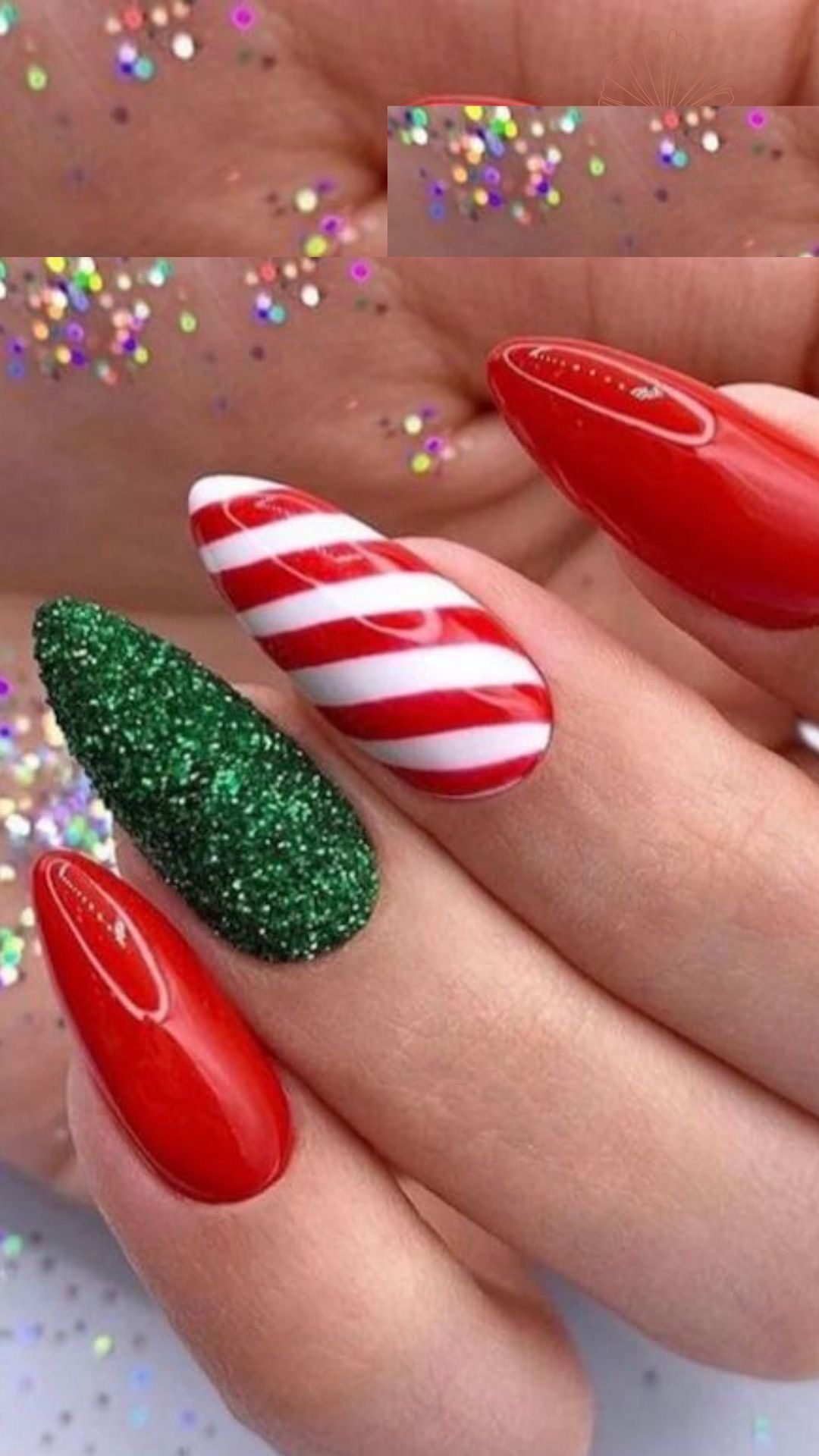 Almond Christmas nails with glossy red polish, emerald green glitter, and red and white candy cane stripes