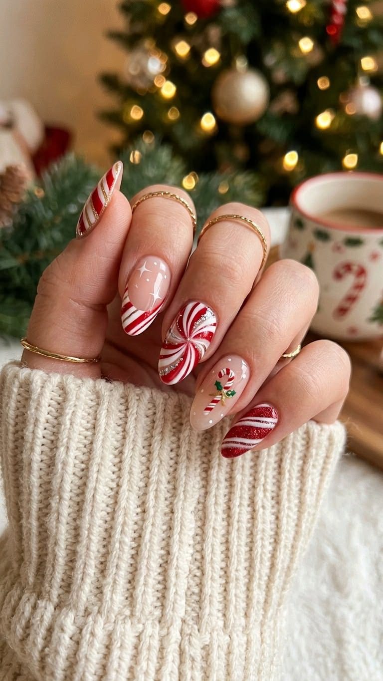 Long almond Christmas nails with red peppermint swirls, candy cane stripes, glitter, and a tiny candy cane