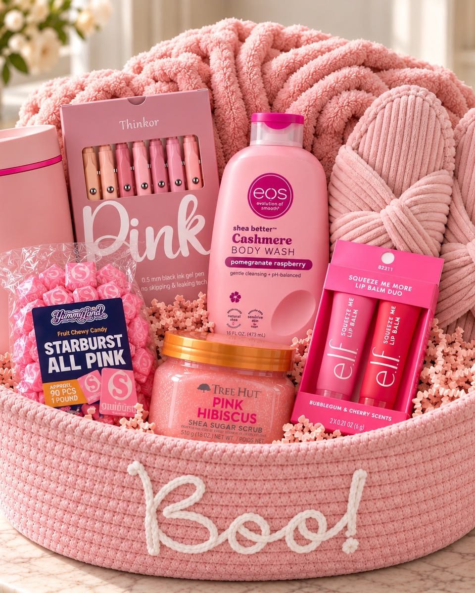 30 Thoughtful Christmas Gift Basket Ideas for Her 71 30 Thoughtful Christmas Gift Basket Ideas for Her Pink gift basket with a blanket, slippers, eos body wash, Tree Hut scrub, lip balms, pens and sweets
