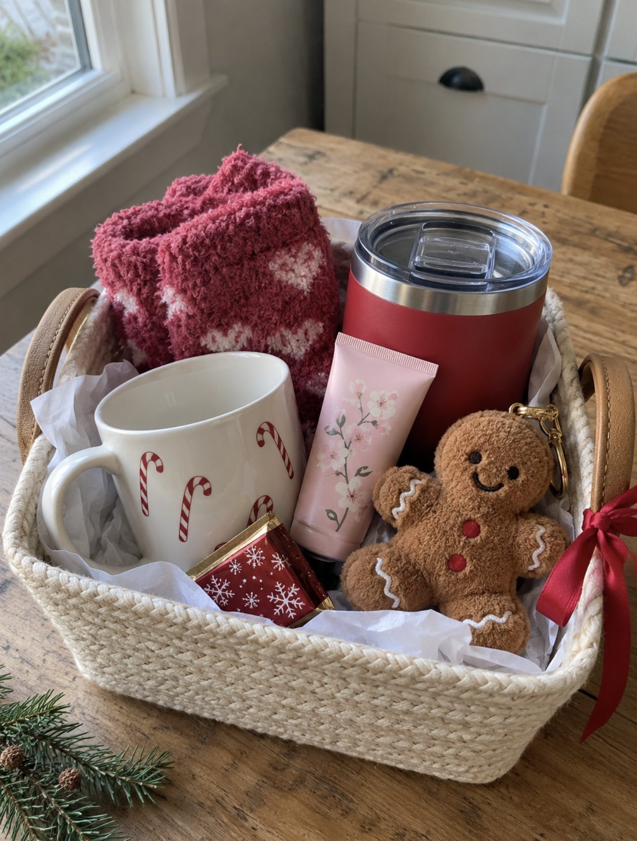 30 Thoughtful Christmas Gift Basket Ideas for Her 77 30 Thoughtful Christmas Gift Basket Ideas for Her Cream woven Christmas basket with a candy cane mug, red travel tumbler, cosy socks, hand cream and gingerbread plush