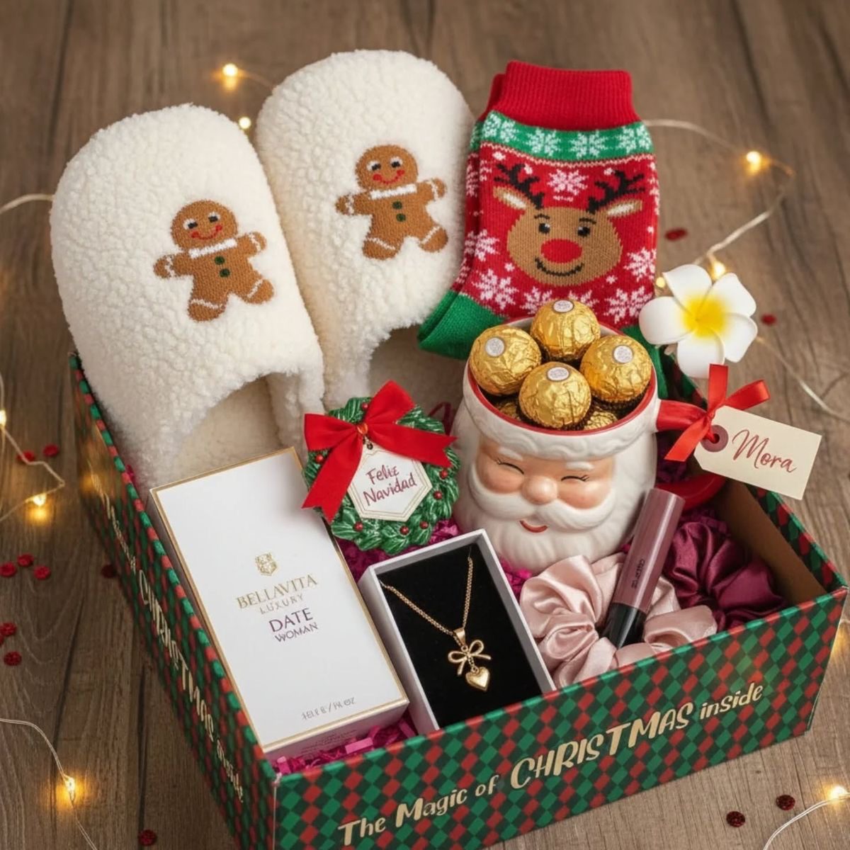 30 Thoughtful Christmas Gift Basket Ideas for Her 80 30 Thoughtful Christmas Gift Basket Ideas for Her Tartan Christmas gift box with gingerbread slippers, a Santa mug filled with chocolates, socks and personal gifts