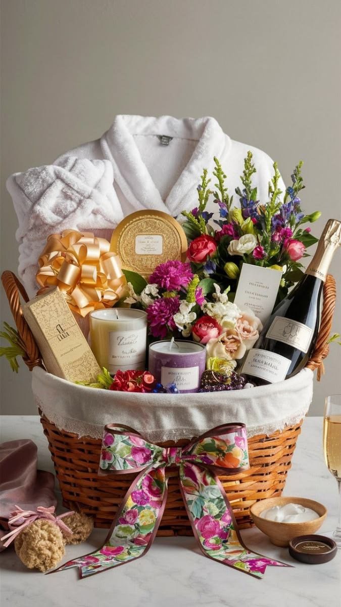 30 Thoughtful Christmas Gift Basket Ideas for Her 88 30 Thoughtful Christmas Gift Basket Ideas for Her Wicker spa hamper with a white robe, flowers, a candle, pampering products and a bottle of sparkling wine
