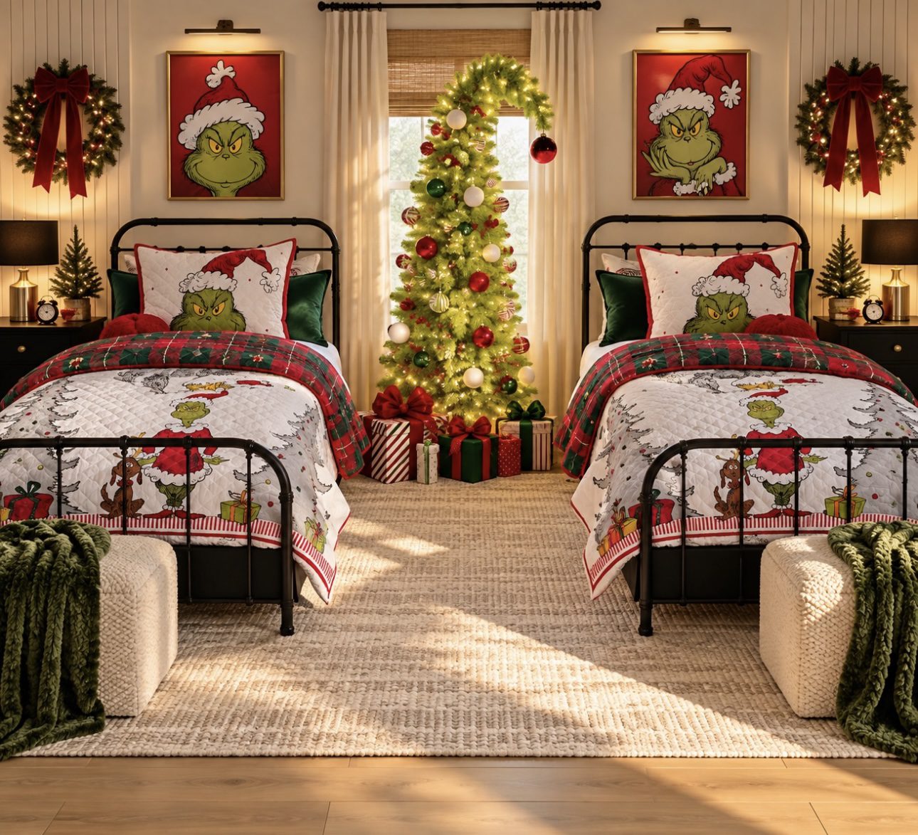 24 Magical Christmas Kids Bedroom Ideas They'll Absolutely Love 59 24 Magical Christmas Kids Bedroom Ideas They'll Absolutely Love Grinch Christmas twin bedroom with matching framed art and green tree