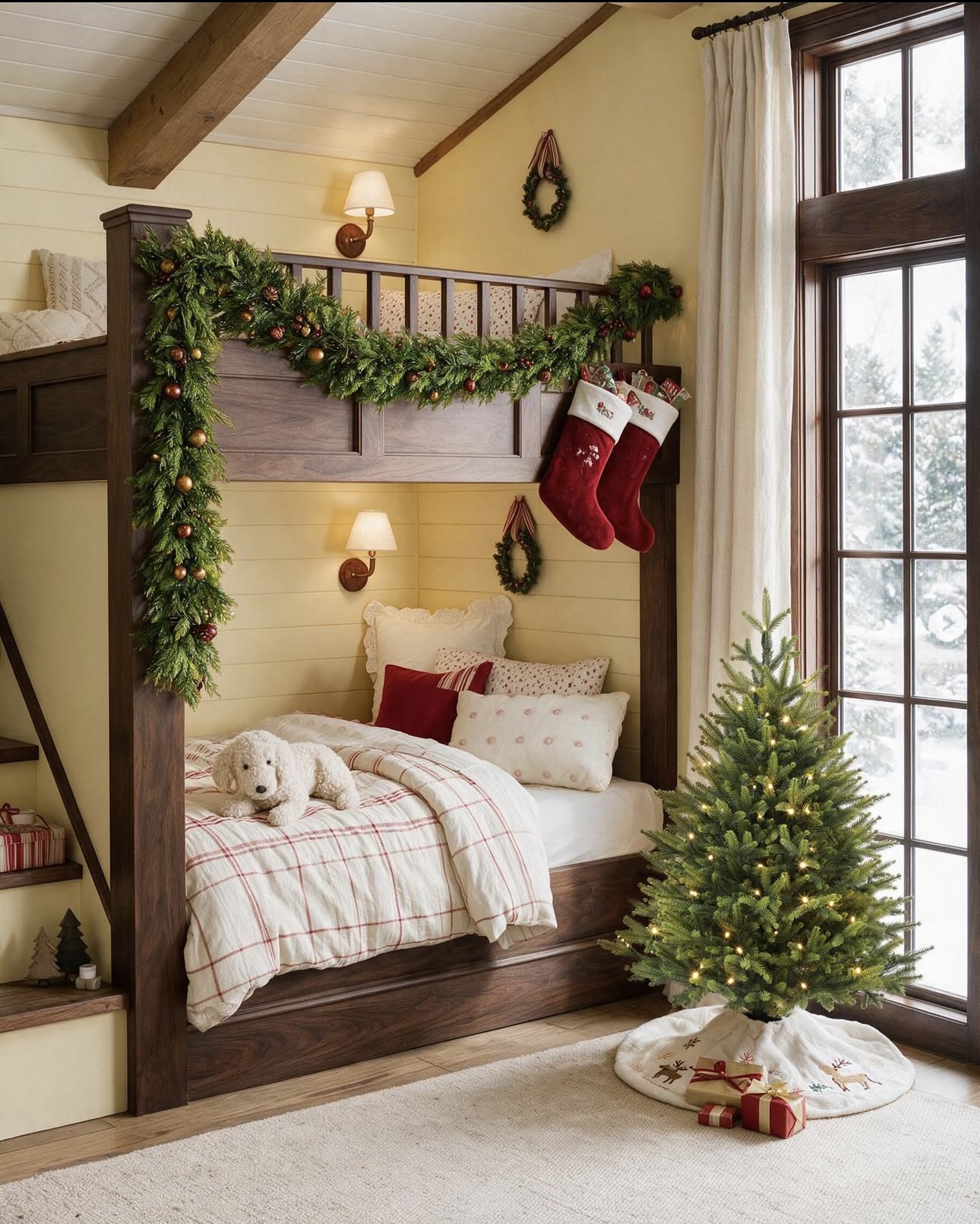 24 Magical Christmas Kids Bedroom Ideas They'll Absolutely Love 60 24 Magical Christmas Kids Bedroom Ideas They'll Absolutely Love Wooden Christmas bunk bed with evergreen garland and red stockings