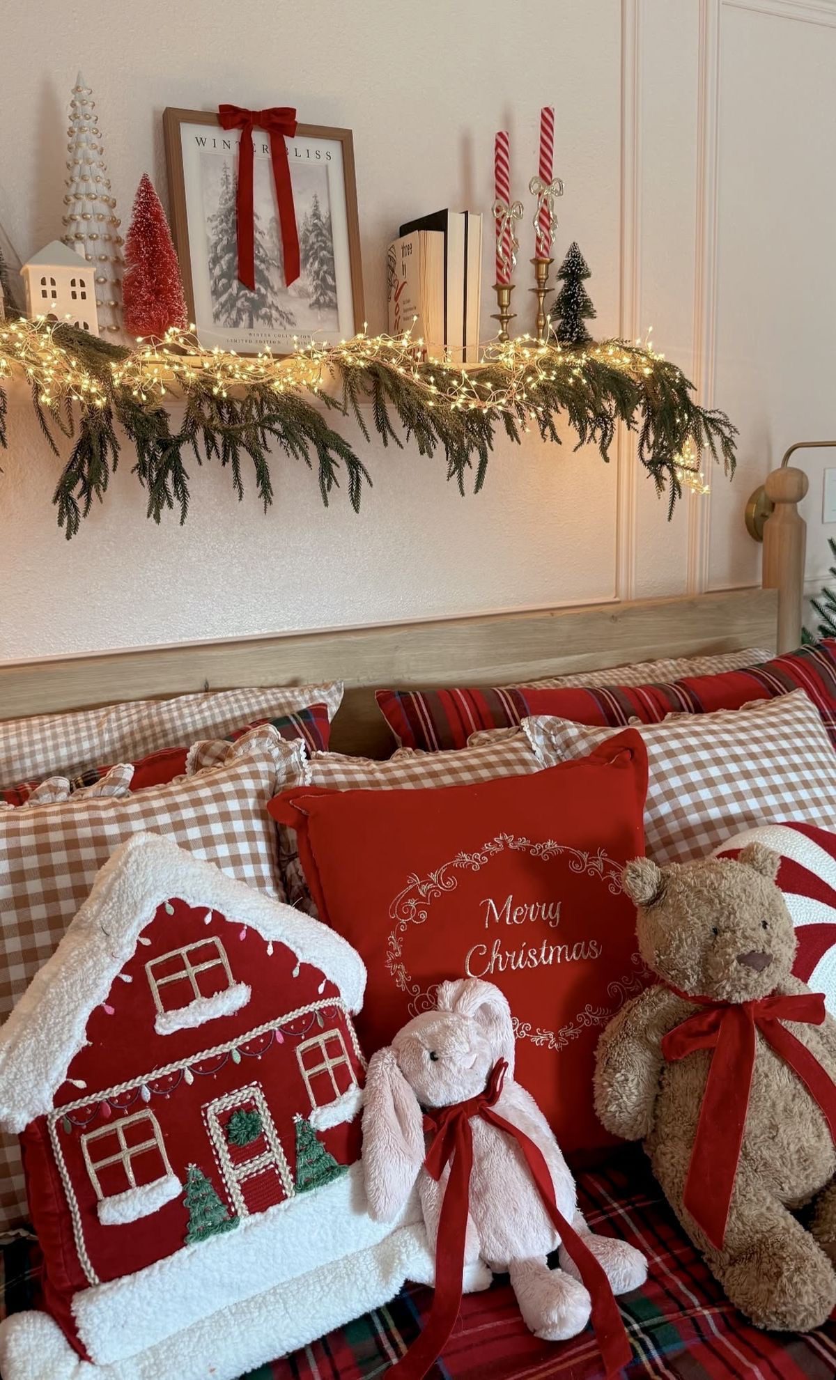 24 Magical Christmas Kids Bedroom Ideas They'll Absolutely Love 61 24 Magical Christmas Kids Bedroom Ideas They'll Absolutely Love Christmas bedroom shelf with greenery lights and festive pillows