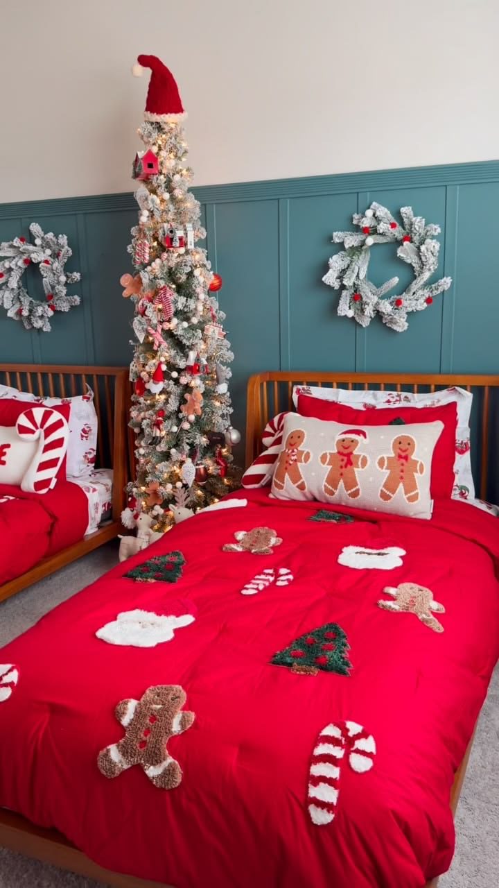 24 Magical Christmas Kids Bedroom Ideas They'll Absolutely Love 63 24 Magical Christmas Kids Bedroom Ideas They'll Absolutely Love Kids twin beds with red Christmas bedding and flocked tree between them