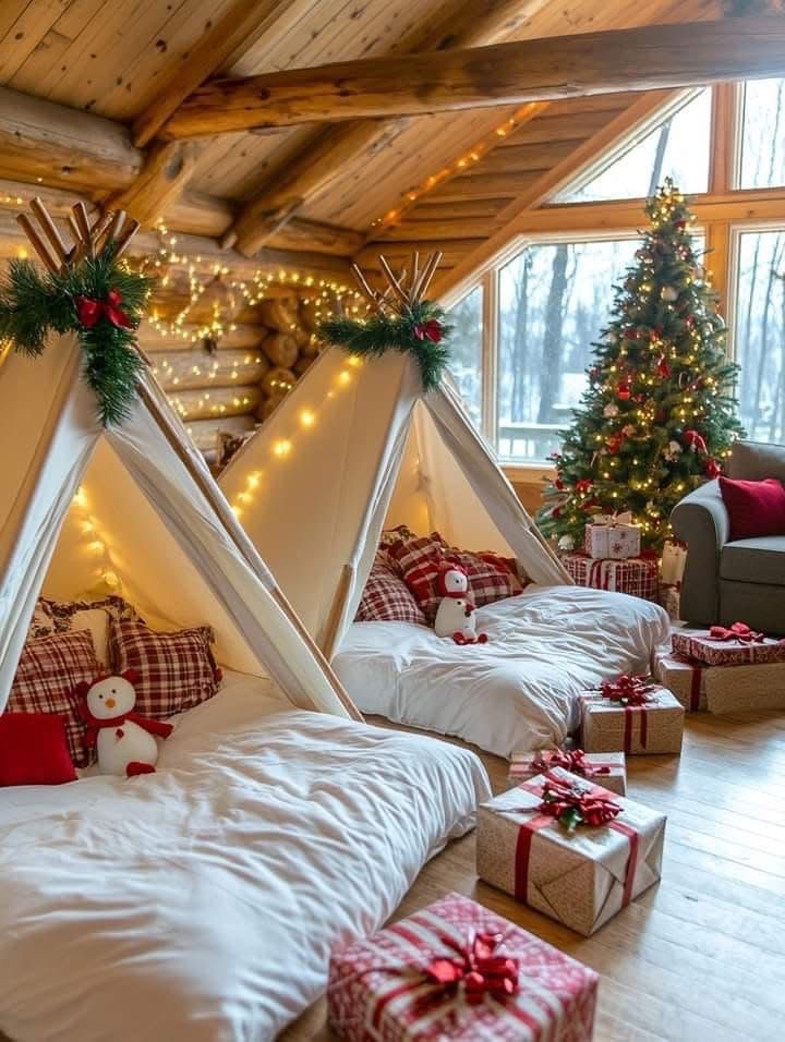 24 Magical Christmas Kids Bedroom Ideas They'll Absolutely Love 66 24 Magical Christmas Kids Bedroom Ideas They'll Absolutely Love Christmas bedroom with red striped bedding garland and festive bows