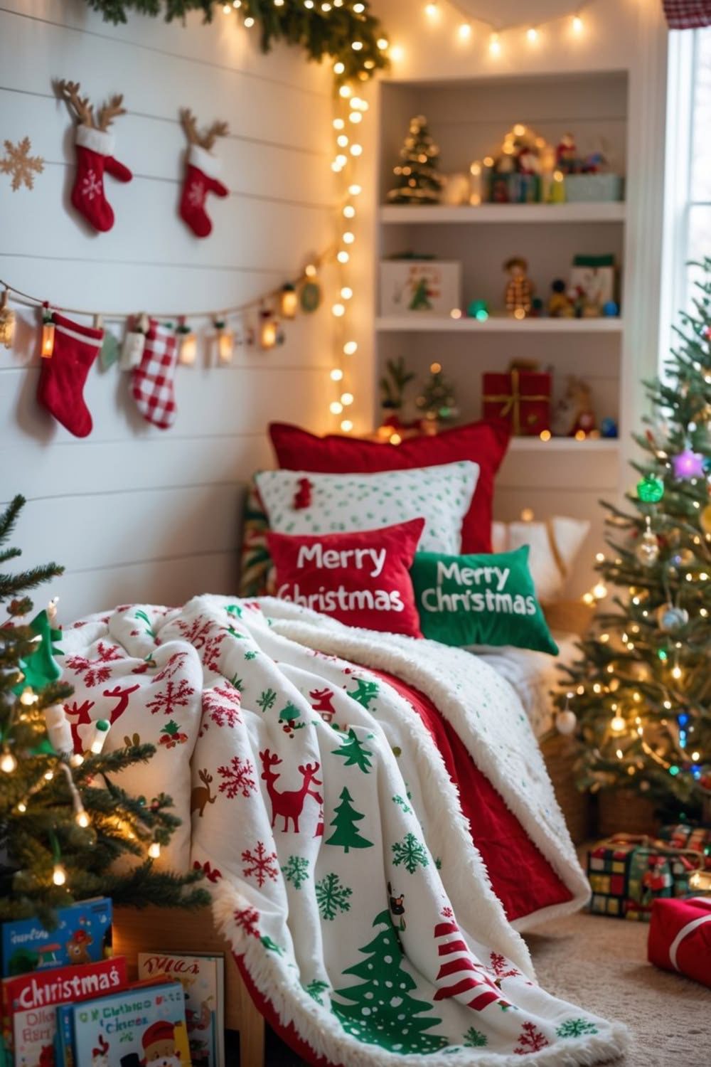 24 Magical Christmas Kids Bedroom Ideas They'll Absolutely Love 50 24 Magical Christmas Kids Bedroom Ideas They'll Absolutely Love Cosy kids Christmas bedroom with festive bedding and fairy lights