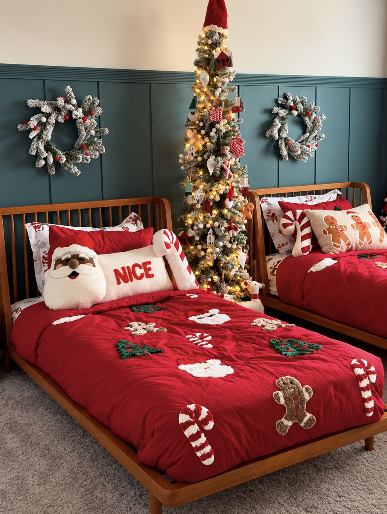 24 Magical Christmas Kids Bedroom Ideas They'll Absolutely Love 71 24 Magical Christmas Kids Bedroom Ideas They'll Absolutely Love Kids Christmas bunk beds framed with large illuminated evergreen garland