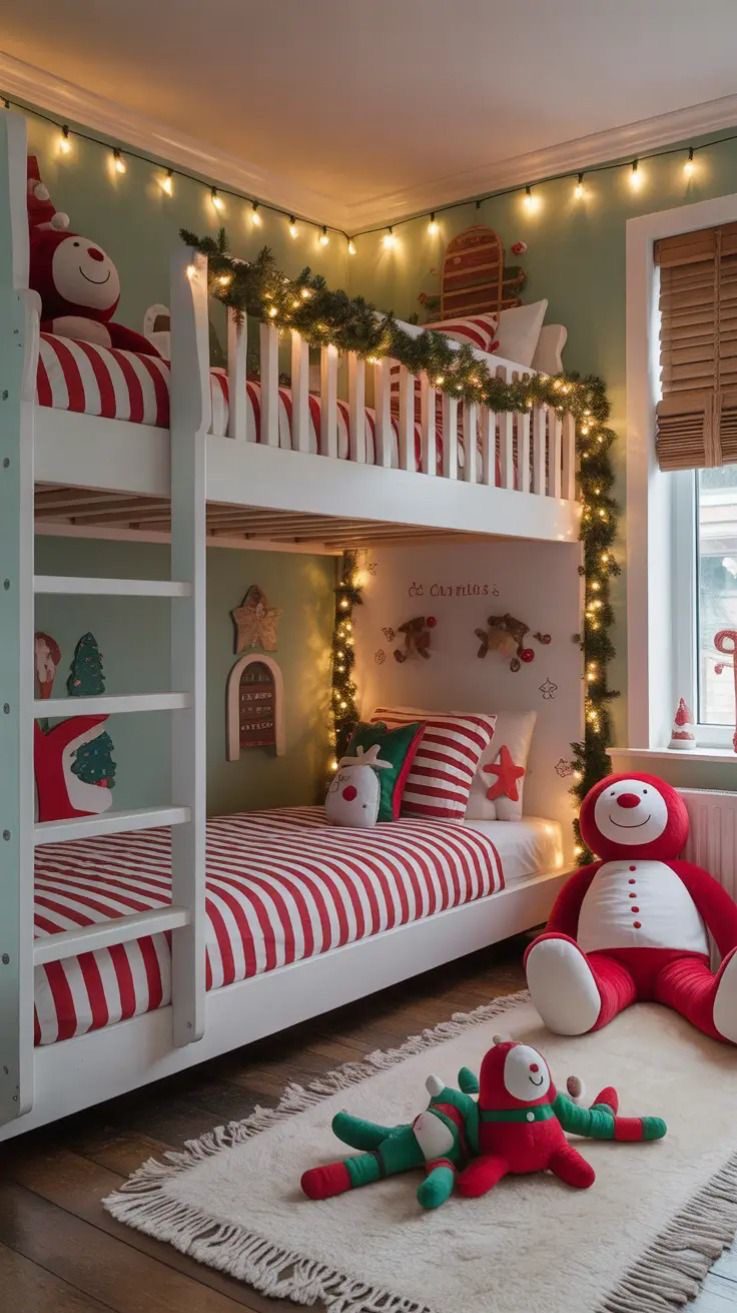 24 Magical Christmas Kids Bedroom Ideas They'll Absolutely Love 51 24 Magical Christmas Kids Bedroom Ideas They'll Absolutely Love Christmas bunk beds with garland and red striped bedding
