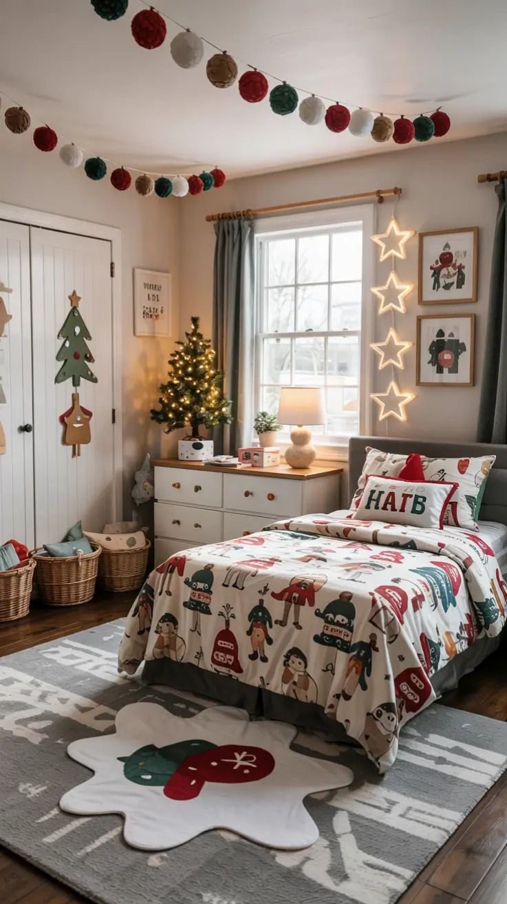 24 Magical Christmas Kids Bedroom Ideas They'll Absolutely Love 52 24 Magical Christmas Kids Bedroom Ideas They'll Absolutely Love Kids Christmas bedroom with colourful pom-pom garlands and star lights