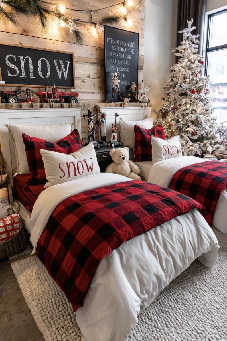 24 Magical Christmas Kids Bedroom Ideas They'll Absolutely Love 54 24 Magical Christmas Kids Bedroom Ideas They'll Absolutely Love Rustic kids Christmas bedroom with red and black buffalo plaid bedding