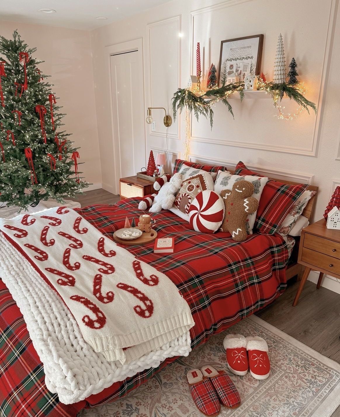 24 Magical Christmas Kids Bedroom Ideas They'll Absolutely Love 55 24 Magical Christmas Kids Bedroom Ideas They'll Absolutely Love Christmas bedroom with tartan bedding candy cane blanket and gingerbread pillows