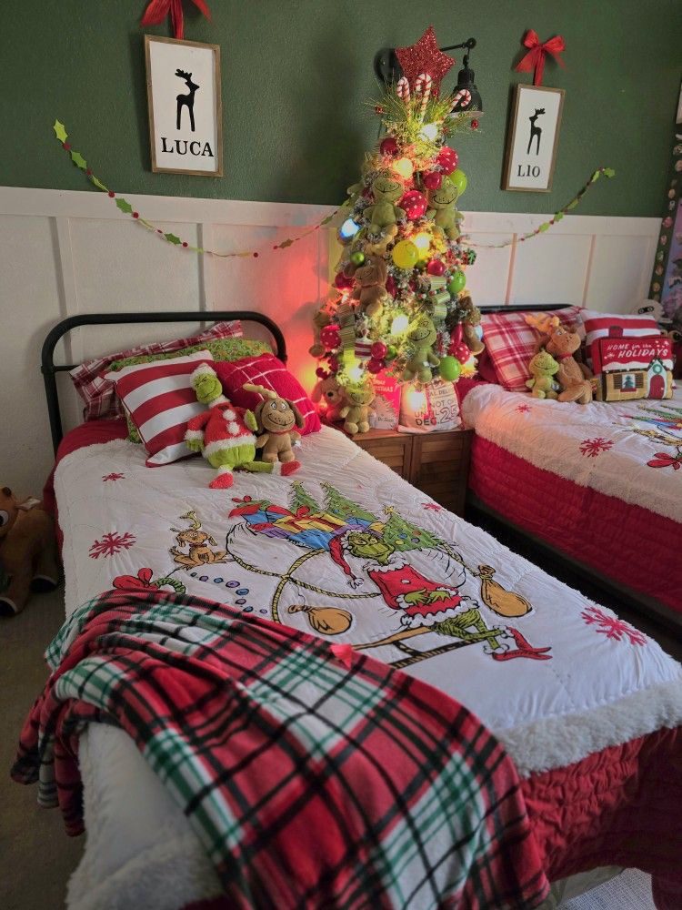 24 Magical Christmas Kids Bedroom Ideas They'll Absolutely Love 56 24 Magical Christmas Kids Bedroom Ideas They'll Absolutely Love Grinch themed shared kids Christmas bedroom with festive twin beds