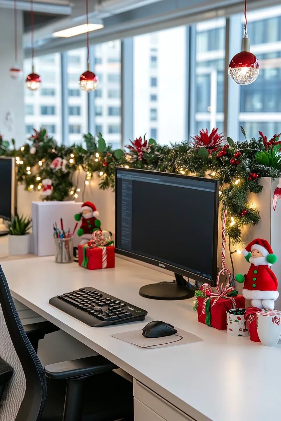 Christmas office desks decorated with greenery, fairy lights, red baubles and festive accessories
