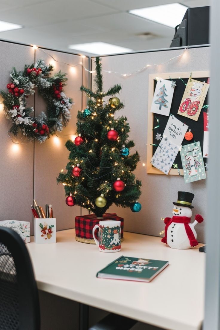 Office cubicle decorated with a tabletop Christmas tree, festive wreath, snowman and string lights