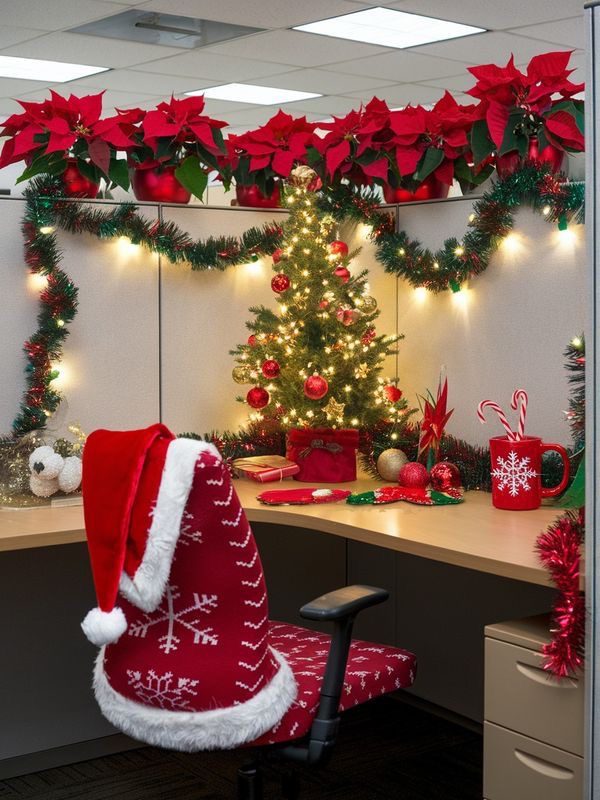 Christmas office cubicle decorated with red poinsettias, greenery, lights and festive chair cover